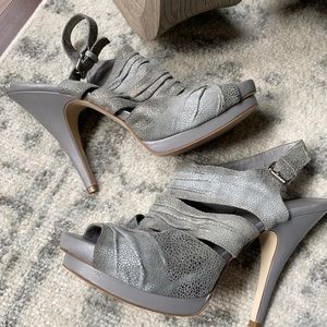 Gray, suede, “sting-ray” look, platform sling back